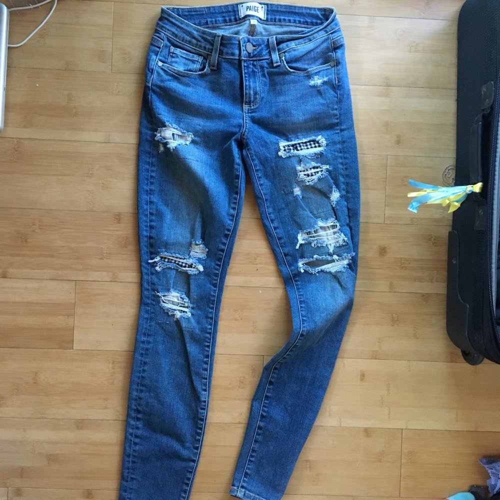 High Waist Distressed Gingham PAIGE Jeans